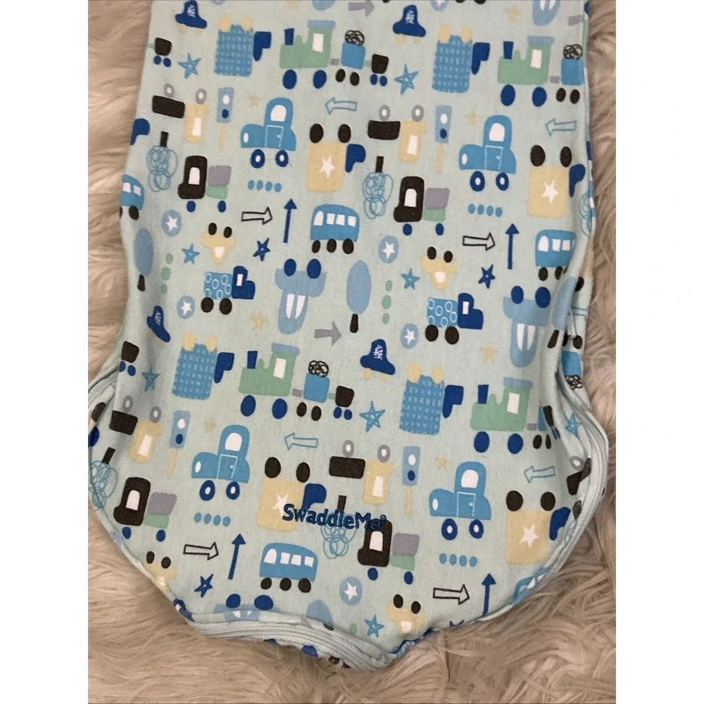 Swaddle Me Summer Blue Boys Trucks Cars Train Baby Snuggle Sleep Sack Size Small